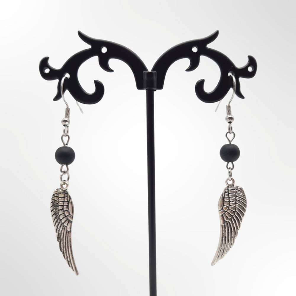 Black Beaded Dangle Drop Silver Wing Minimalist Earrings Handmade Jewelry - Picture 1 of 6